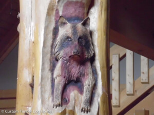Raccoon Carving in Log Home