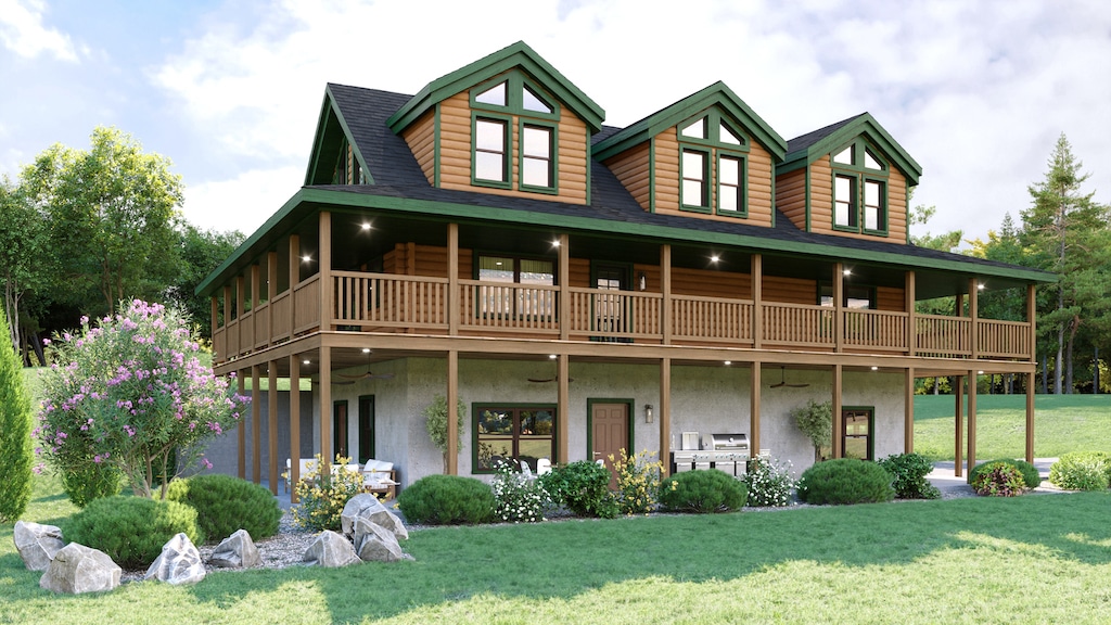 Creekside Log Home With Wrap Around Porches and Dormers