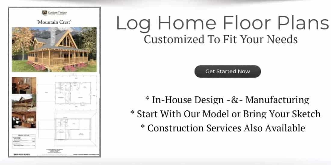 Log Home Floor Plans description with in house design and manufacturing. Construction services available and we can work with any idea or plan. Showing an image of the mountain crest log home floor plan and rendering