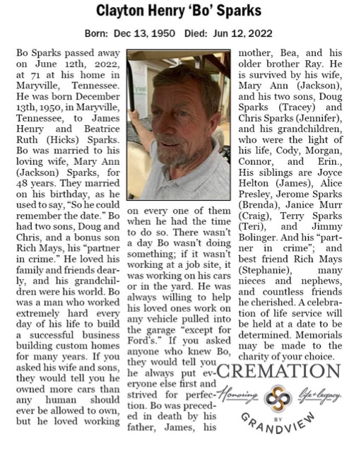 Bo Sparks Obituary